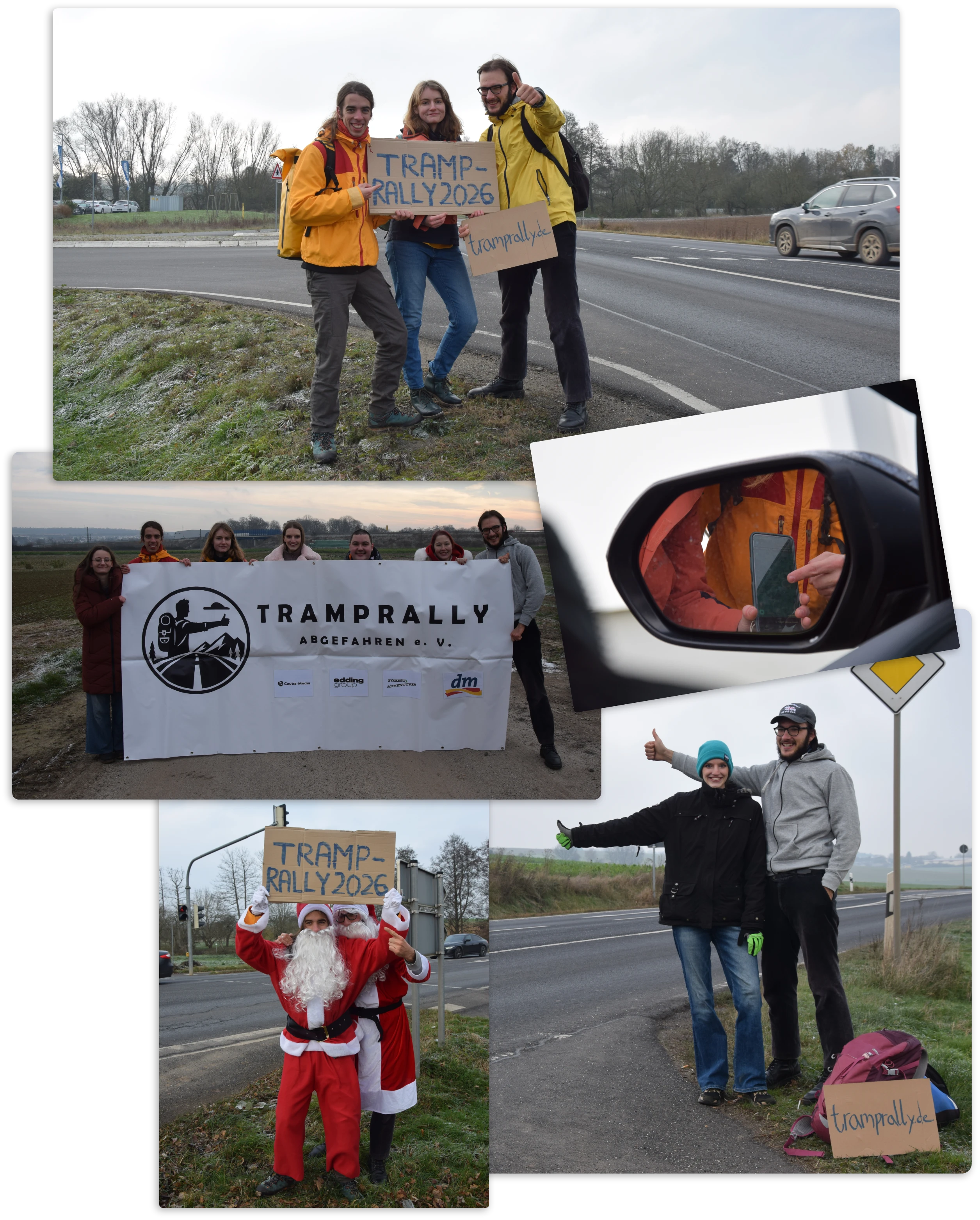 Collage von Symbolbildern zum Trampen und dem Orga-Team der Tramprally