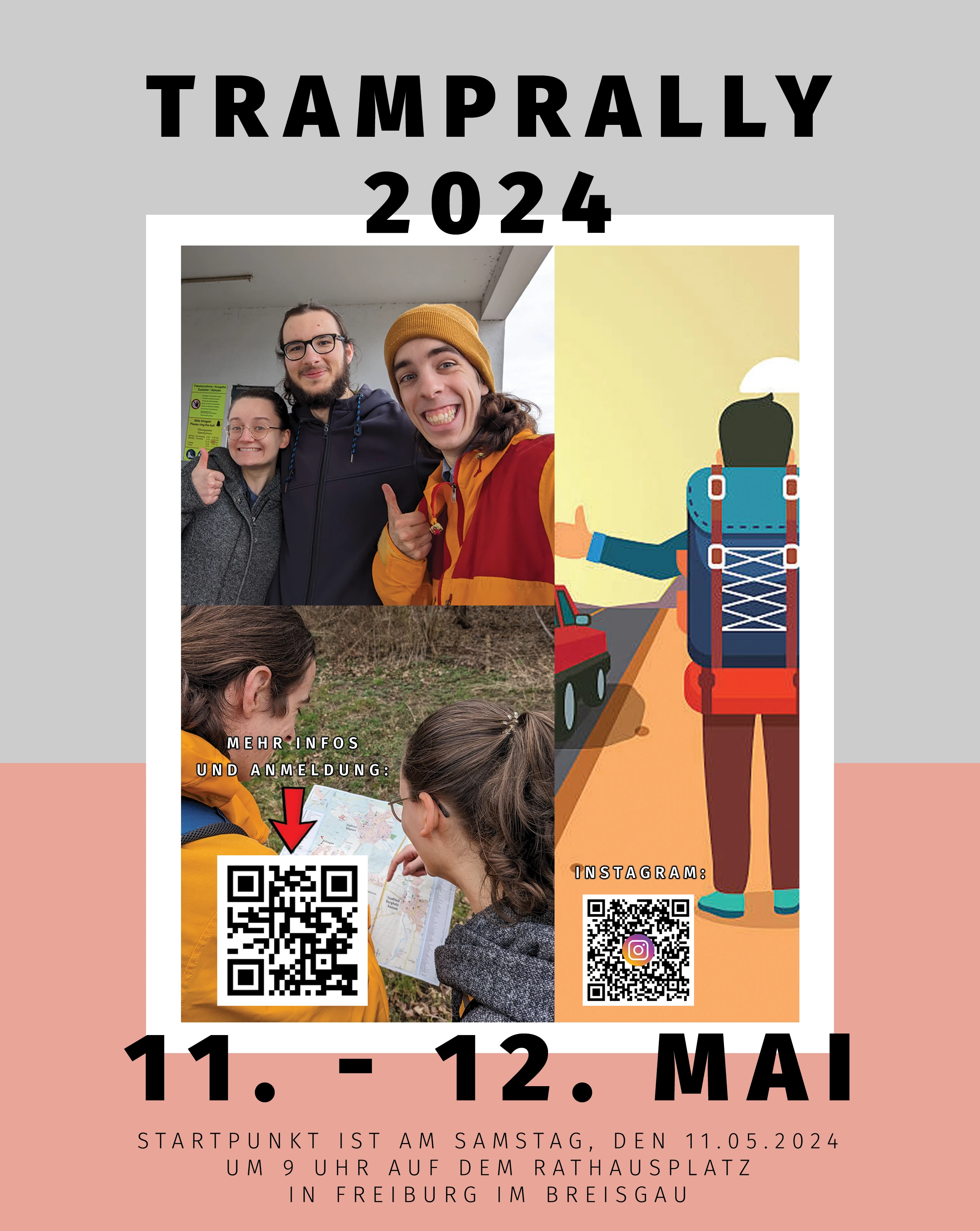 Das Poster der Tramprally 2024. Es zeigt QR-Codes zur Anmeldung auf www.tramprally.de und zum Instagram-Account hitchhiking.abgefahren sowie die Aufschrift "Startpunkt ist am Samstag, den 11.05.2024 um 9 Uhr auf dem Rathausplatz in Freiburg im Breisgau."